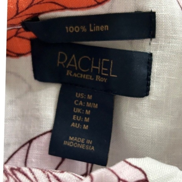 Rachel Roy Linen Floral Button Down Short Sleeve Top, White Pink, Size M - Picture 3 of 4